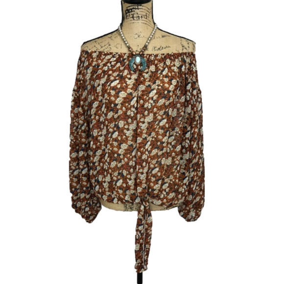 Aakaa Tops - BOUTIQUE Floral Off Shoulder Tie Front Boho Blouse